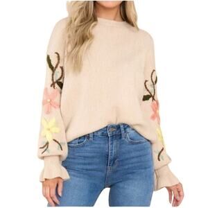 See and Be Seen Array of Flowers Embroidered Tan Sweater Medium